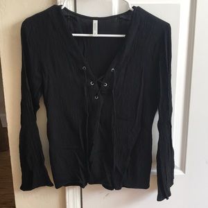 Black Lace Up Long Sleeve Blouse